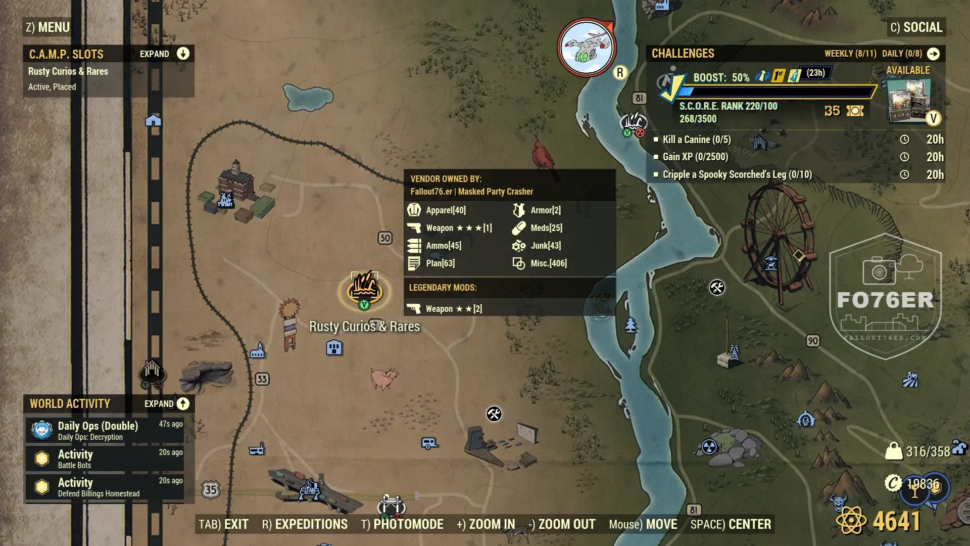 Map location of Rusty's Curios and Rares camp in Burning Springs, Fallout 76