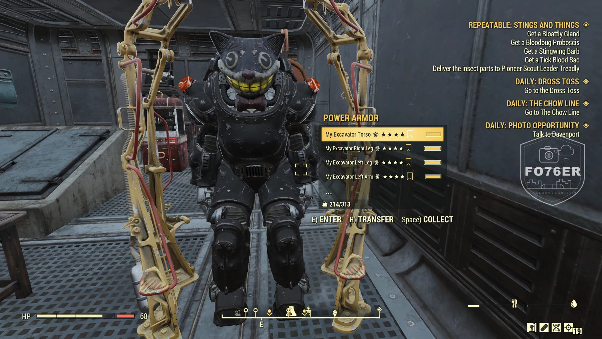Fallout76er standing in a modified Excavator power armor frame with Mr. Fuzzy helmet paint