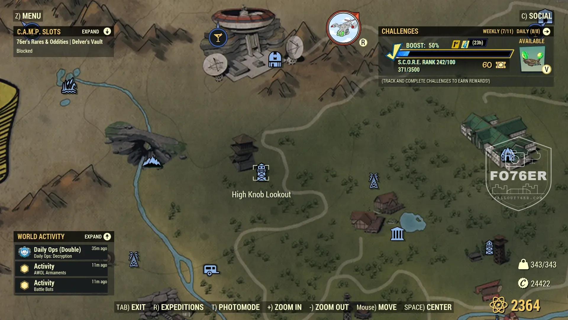 Yao Guai spawn map — High Knob Lookout (Skyline Valley), Fallout 76