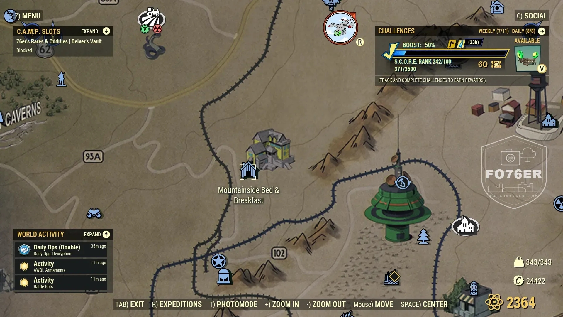 Yao Guai spawn map — Mountainside Bed & Breakfast (Savage Divide), Fallout 76