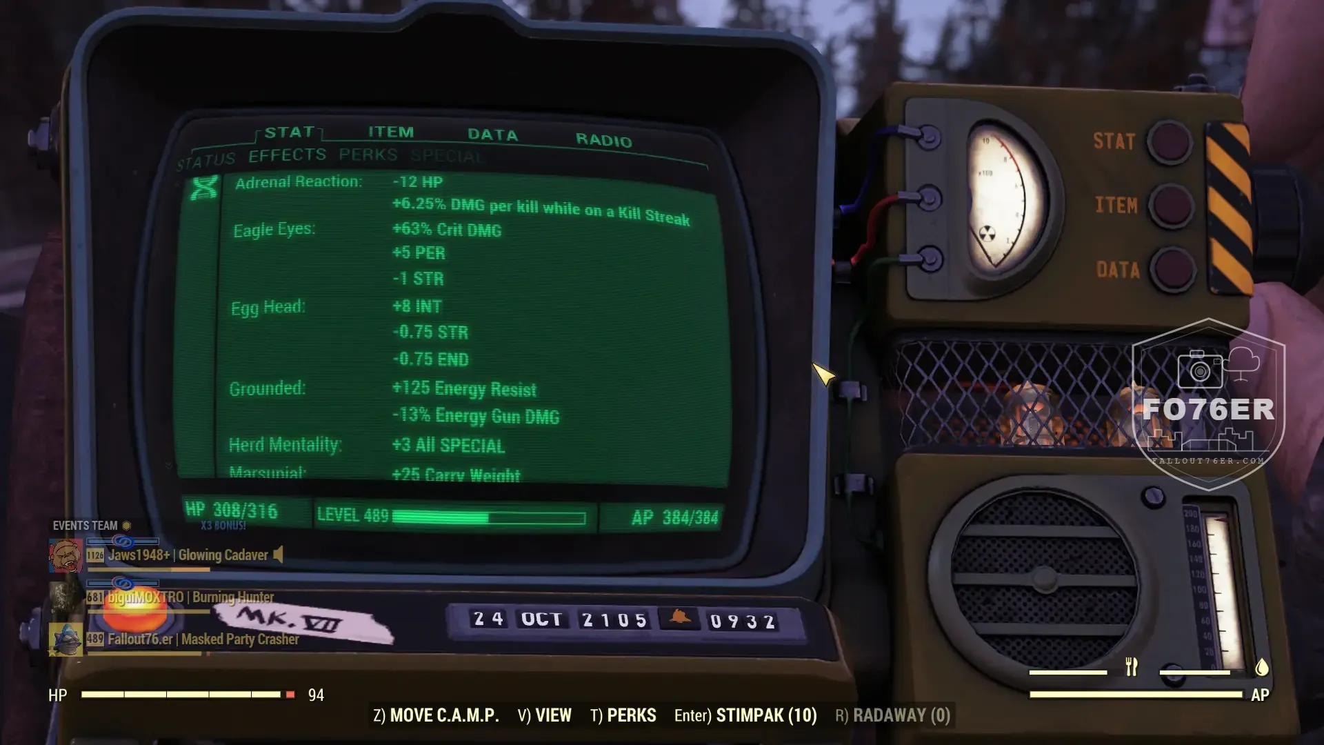Fallout76er mutations page 1: Adrenal Reaction, Eagle Eyes, Egg Head, Grounded, Herd Mentality
