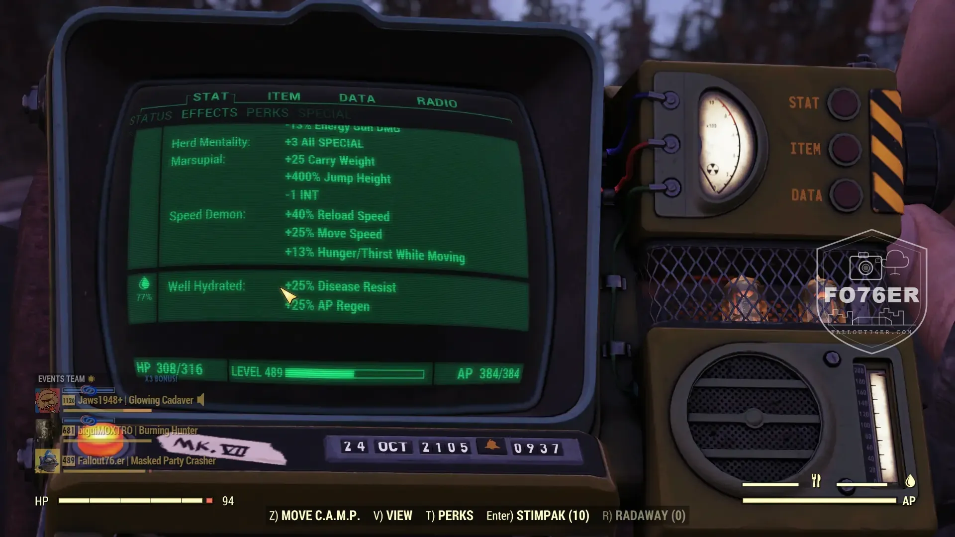 Fallout76er mutations page 2: Marsupial, Speed Demon, Well Hydrated