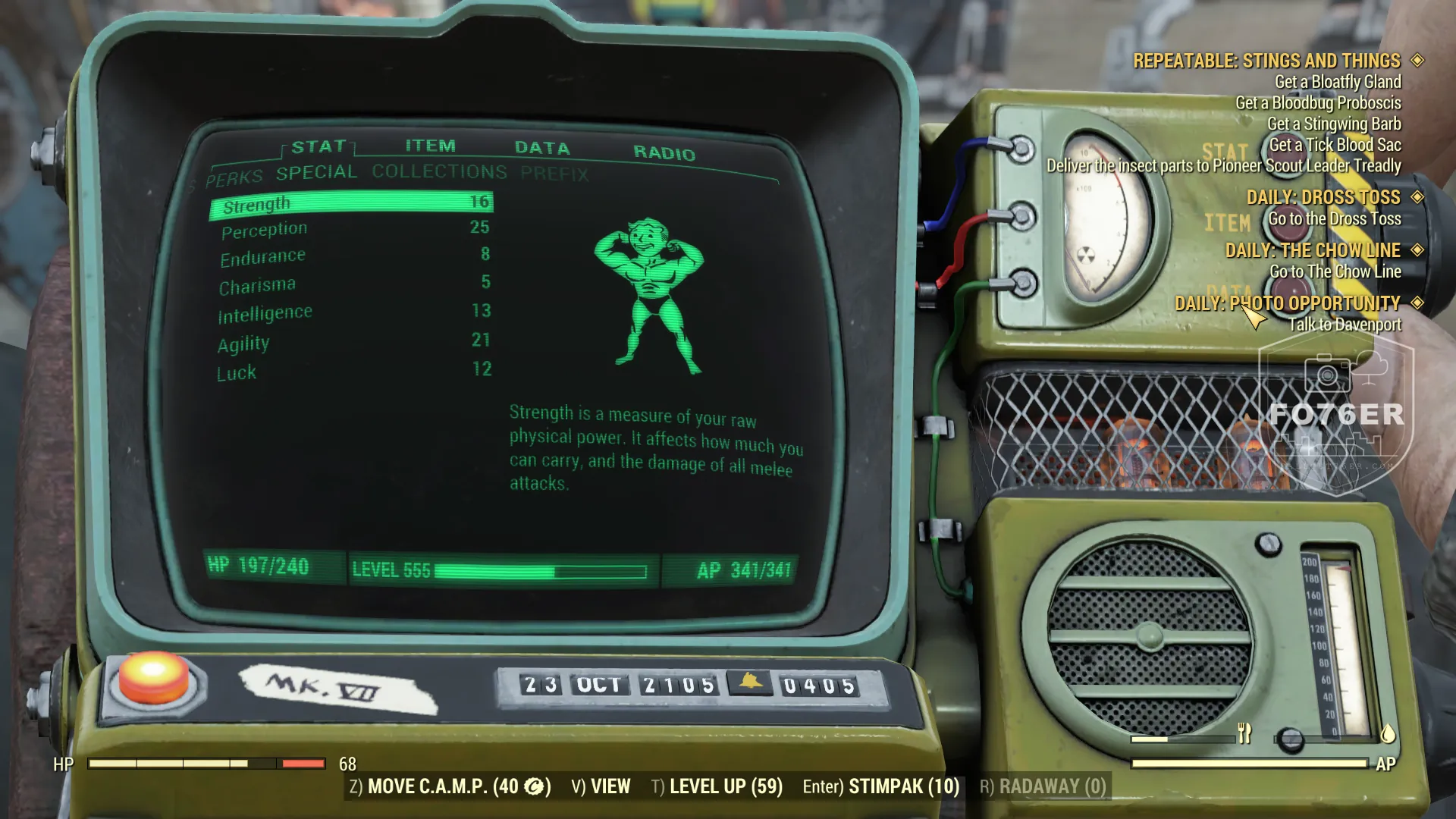 Fallout76er SPECIAL stat allocation: Strength 16, Perception 25, Endurance 8, Charisma 5, Intelligence 13, Agility 21, Luck 12