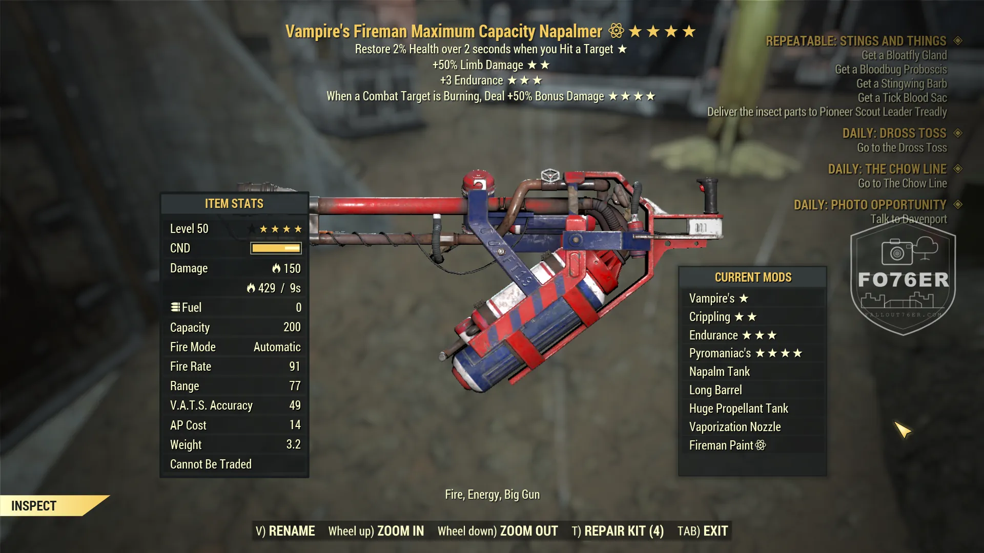 Vampire's Fireman Maximum Capacity Napalmer flamer — four-star legendary