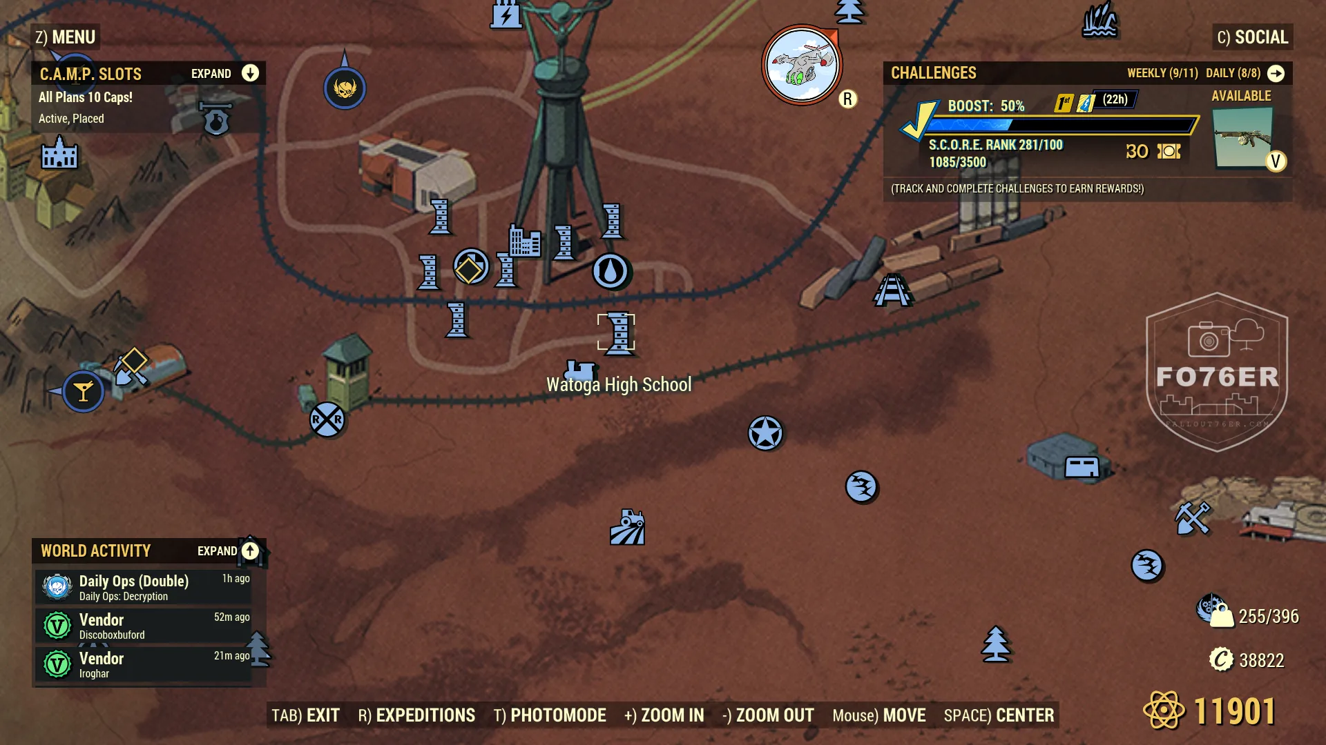 Rad Ant spawn map — Watoga High School (Cranberry Bog), Fallout 76