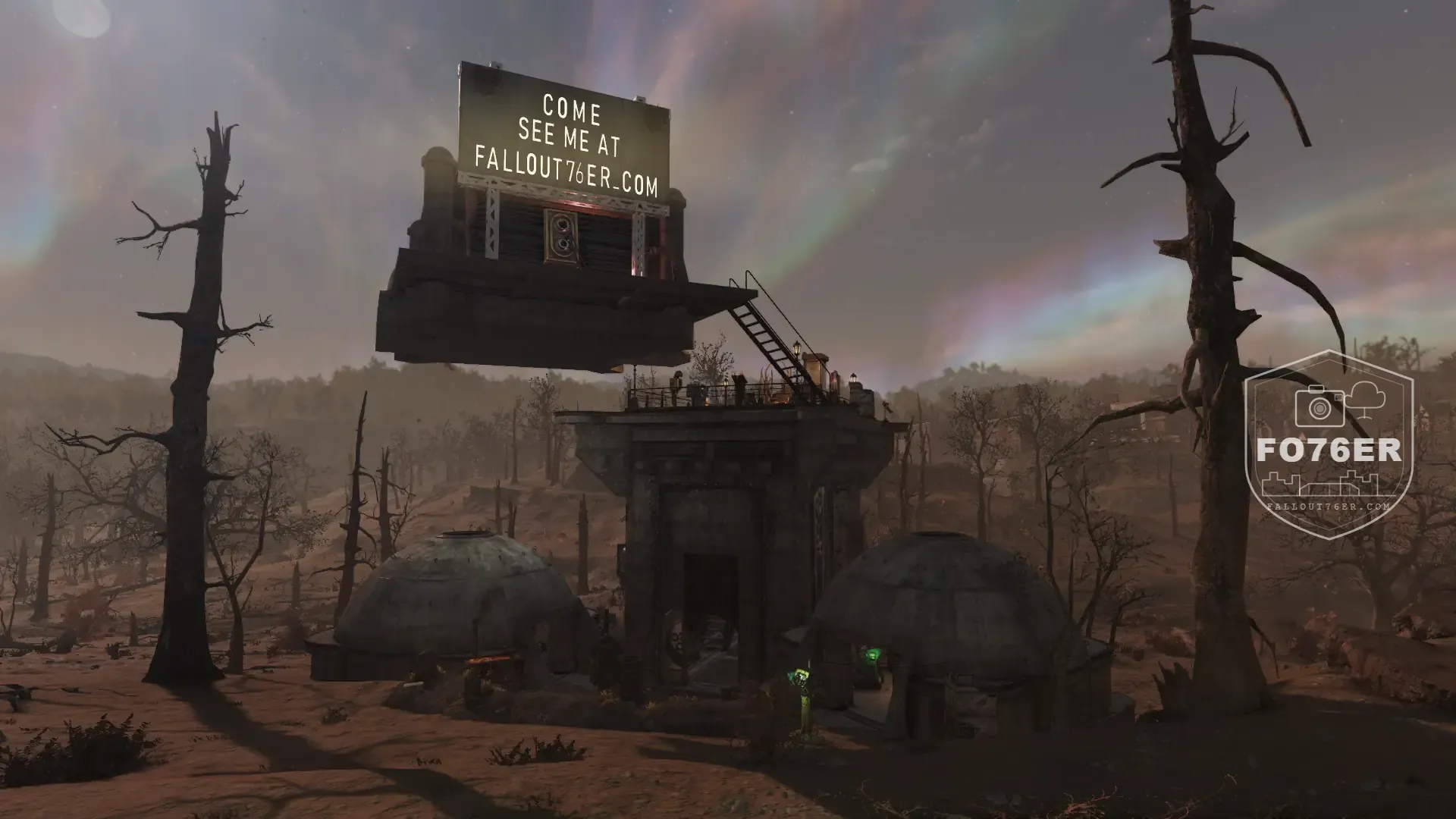 Rusty's Curios and Rares — camp exterior with billboard, Burning Springs